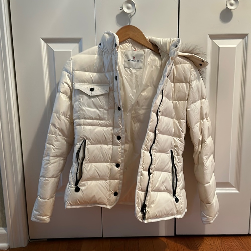 Moncler size 0 short off-white down coat with fur hood